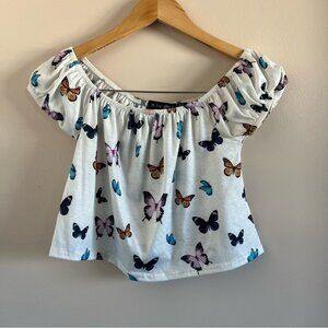 In The Style | Off The Shoulder White Butterfly Print Top